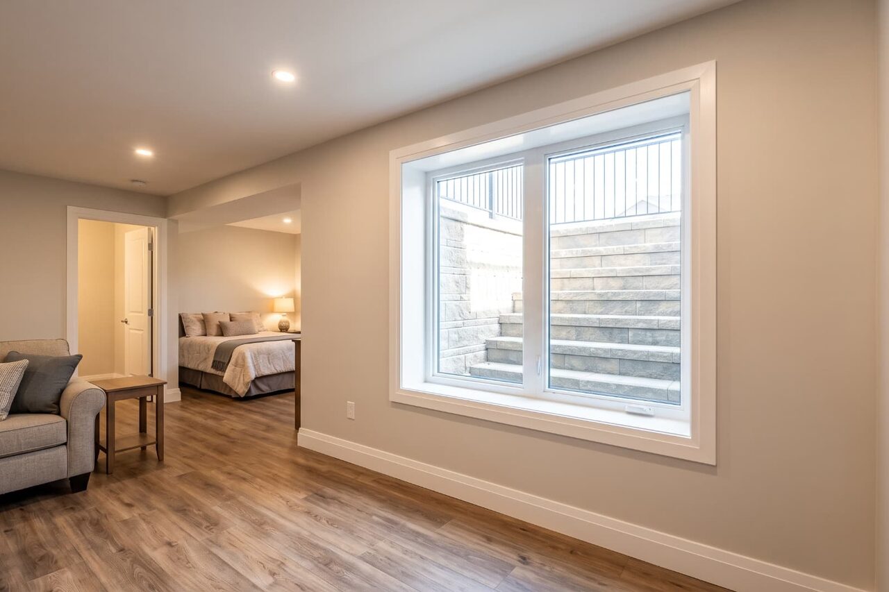 Calgary basement family room renovation with code-compliant egress window