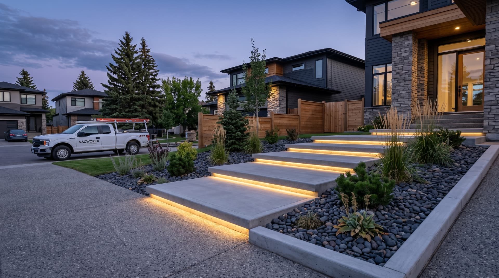 Floating concrete entry steps with integrated LED lighting in Calgary