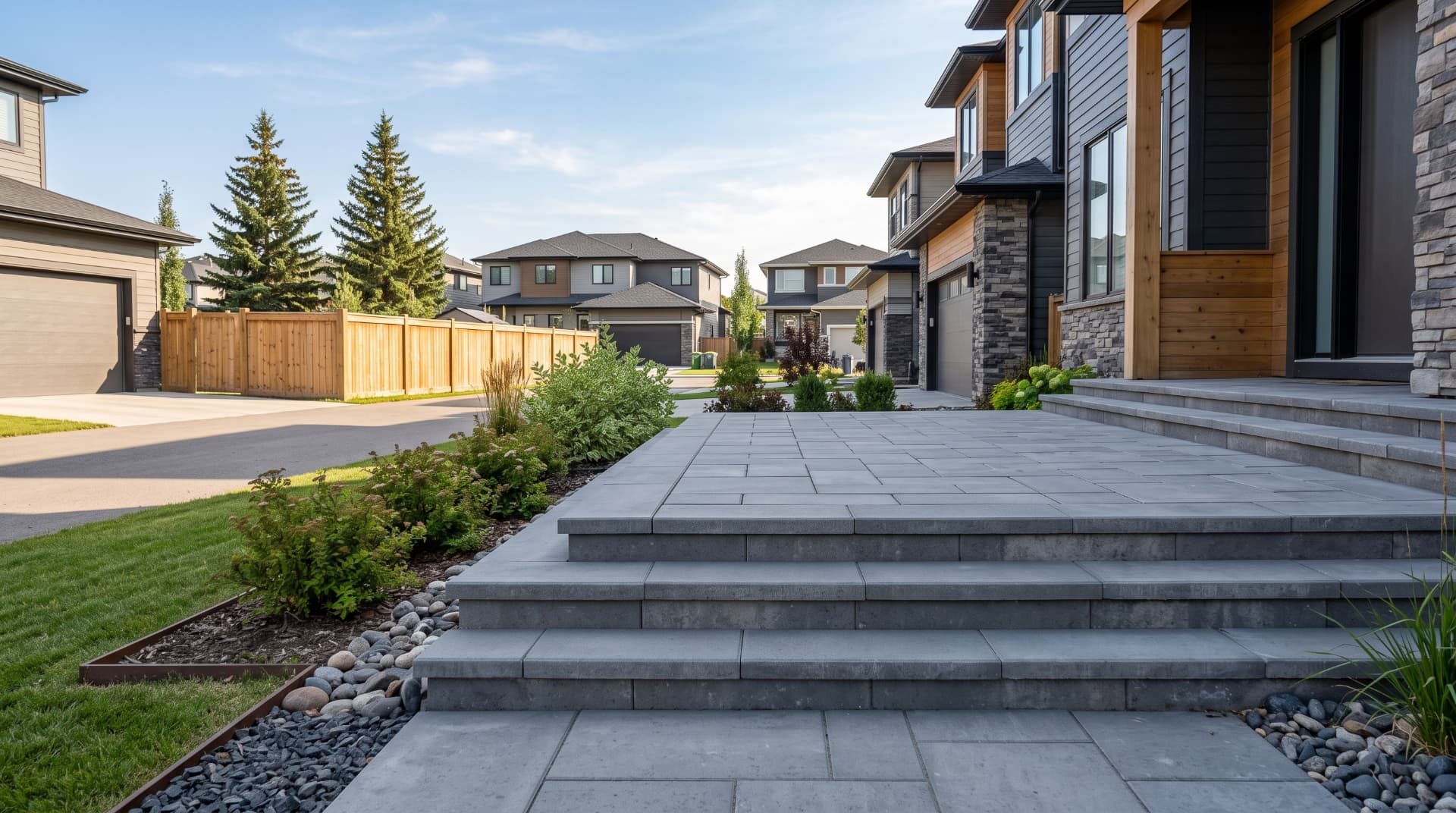 Modern stone paver steps and landing installation in Calgary
