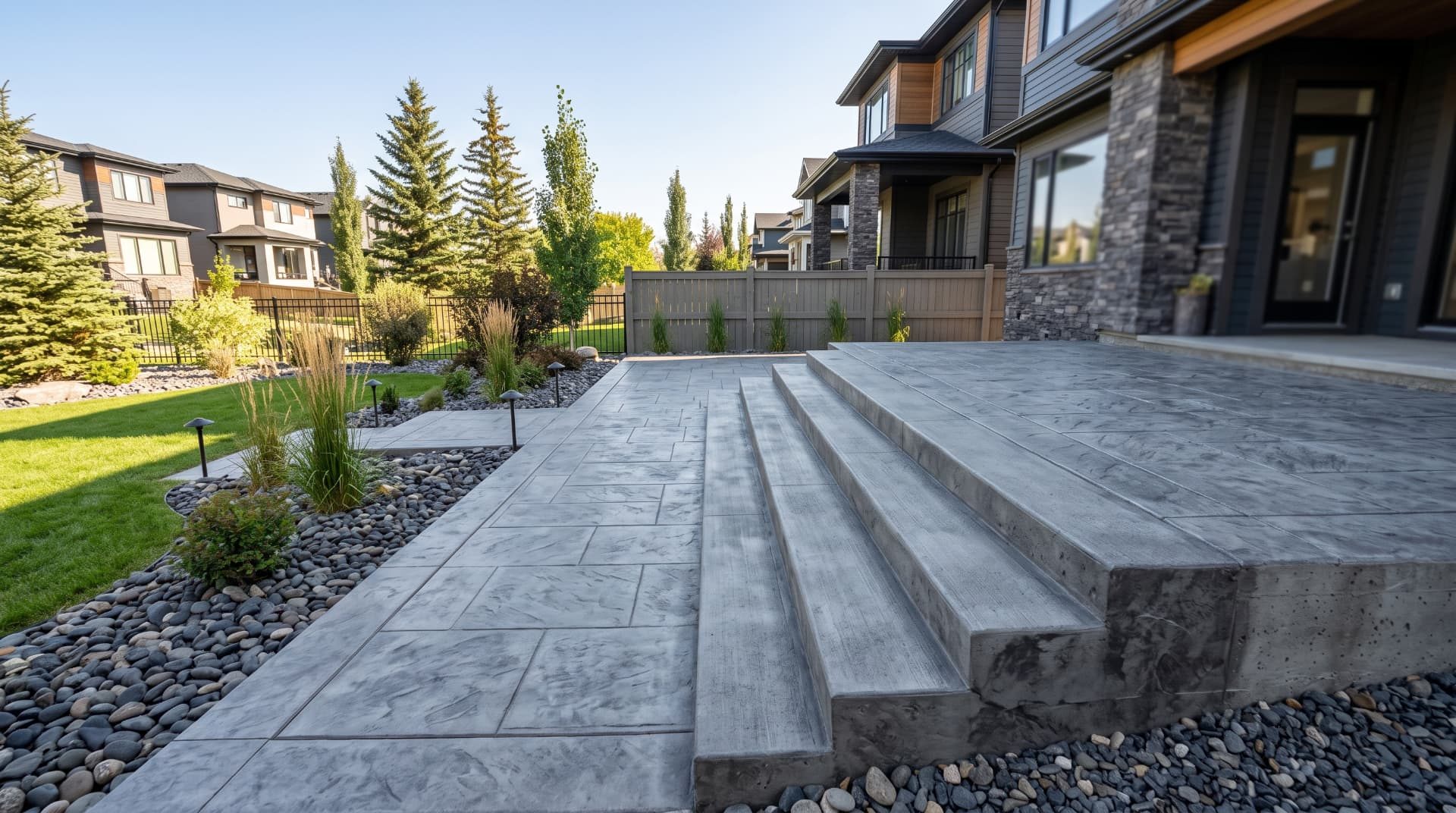 Finished concrete stairs and front walkway with non-slip texture in Calgary